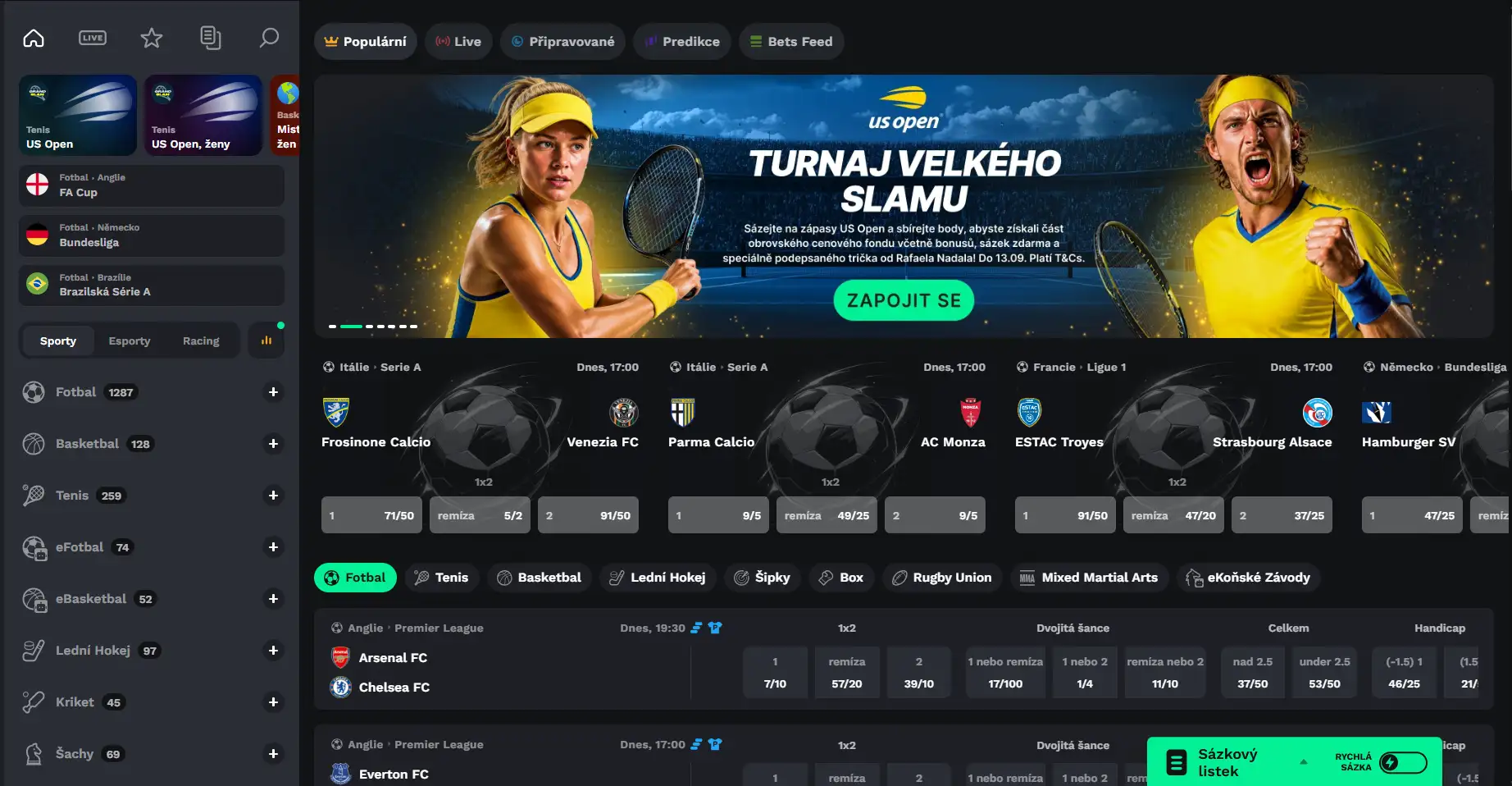 Aktuální rozhraní sportovního sázení na BetOnRed