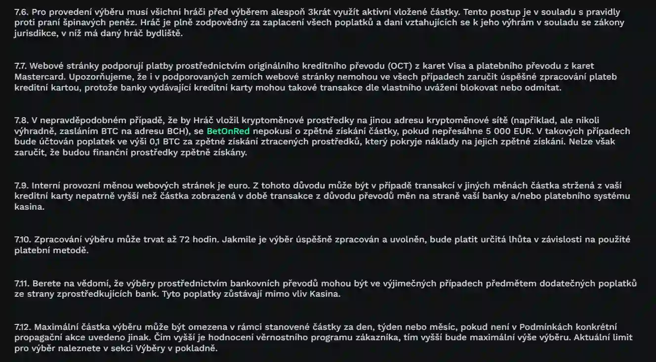 Skutečné rozhraní BetOnRed pro zadání výběru peněz