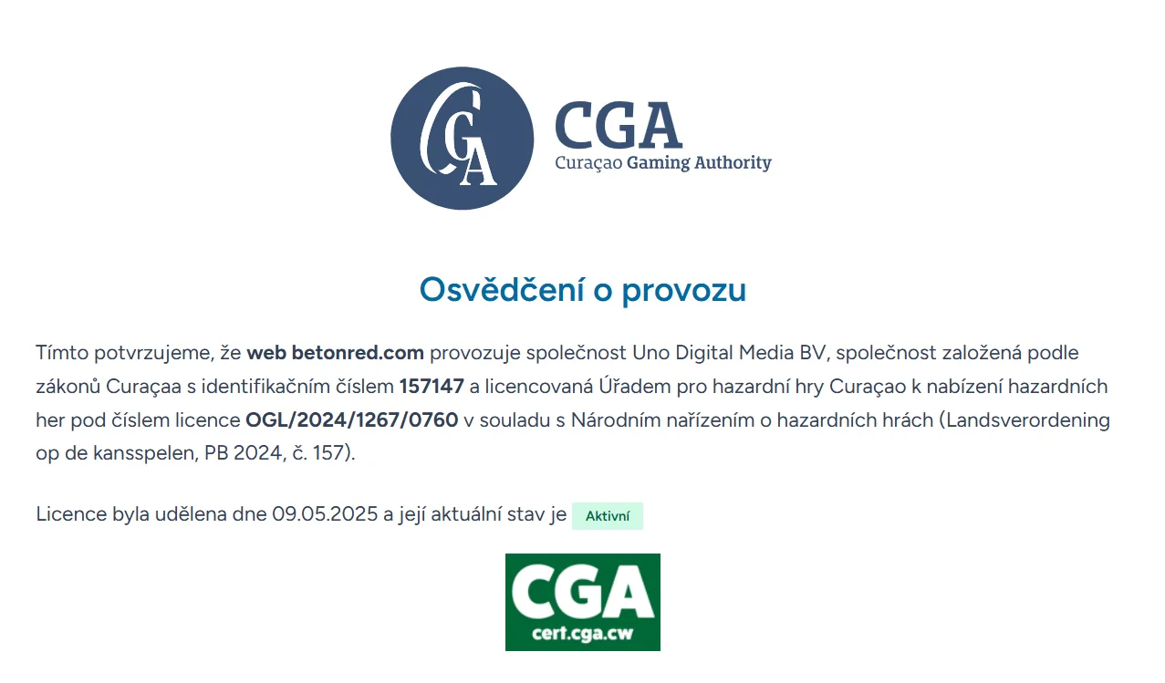 Skutečný snímek obrazovky certifikátu Curaçao Gaming Authority pro betonred.com
